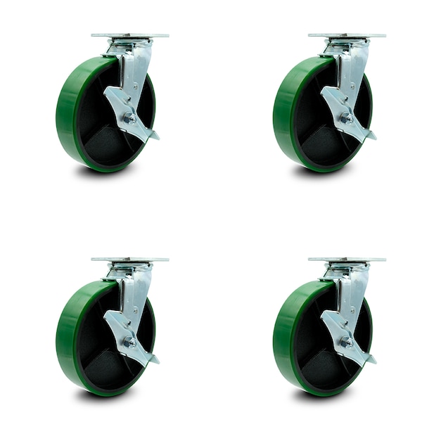8 Inch Green Poly on Steel Caster Set with Roller Bearings and Brake/Swivel Lock